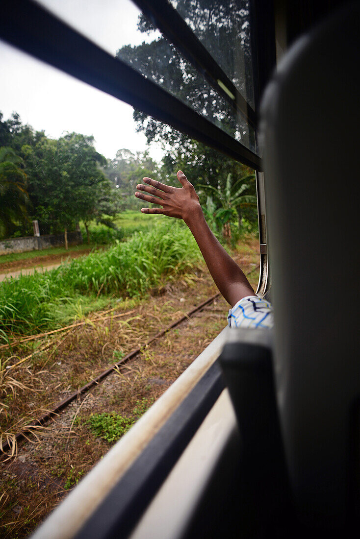 Junge mit aus dem Fenster gestrecktem Arm während einer Zugfahrt von Kandy nach Nuwara Eliya, Sri Lanka