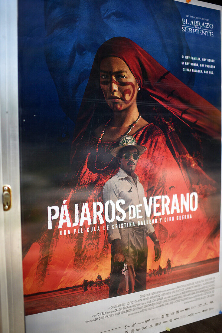 Plakat für den kolumbianischen Film Pajaros de Verano, Medellin, Kolumbien
