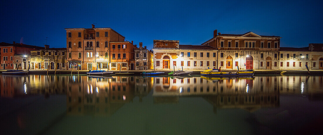 Colorful Panorama of a Venetian Canal at Night with Boats and Pedestrians, Fondamenta San Giobbe, Cannaregio.