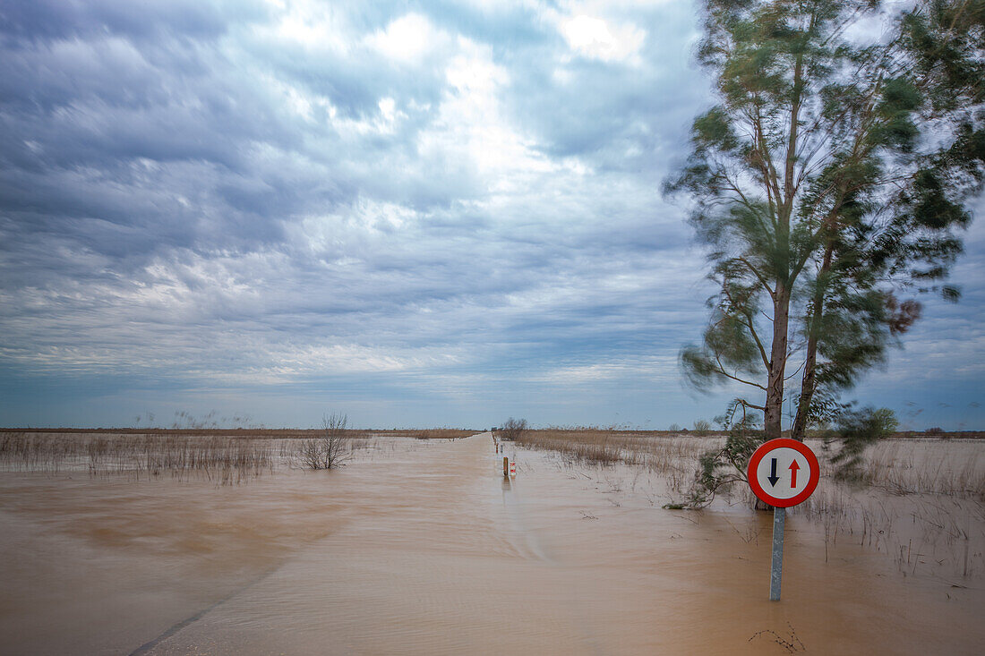 Die Kraft der Natur: Überschwemmte Landstraße in der Nähe des DoUana-Nationalparks, Spanien