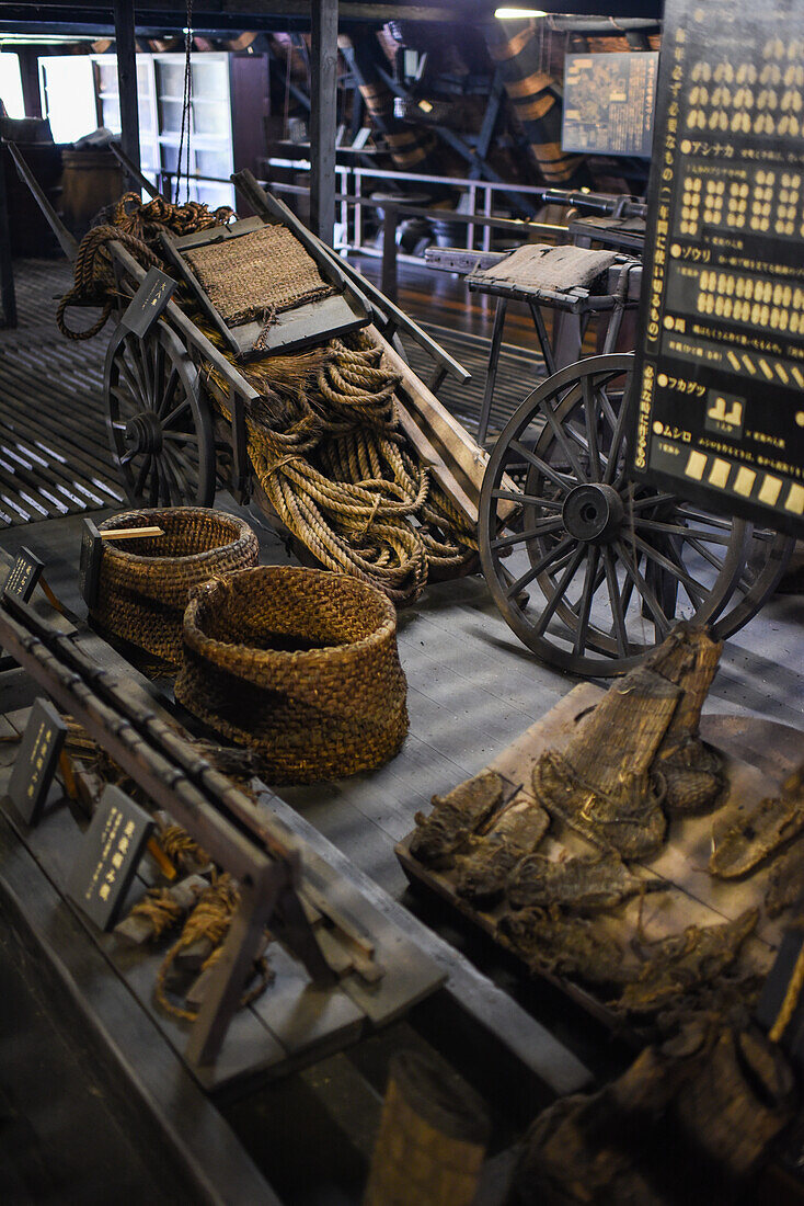 Agriculture and tools for living exhibition in Shirakawa-go, traditional village showcasing a building style known as gassho-zukuri, Gifu Prefecture, Japan