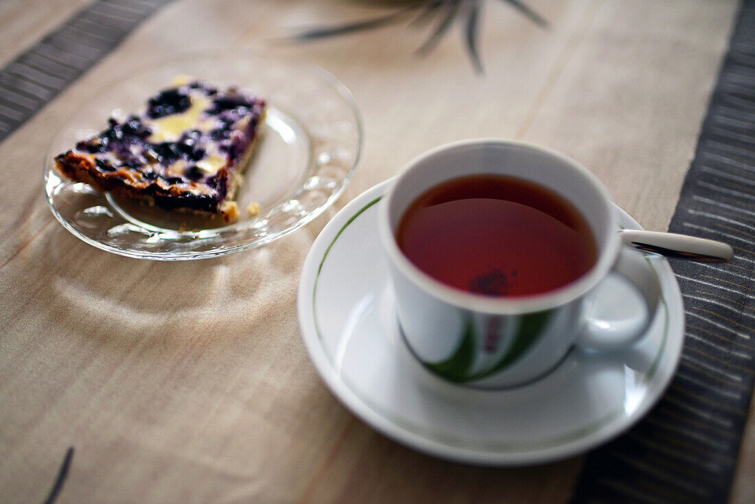 Tasse Tee und ein Stück handgemachter Beerenkuchen. Im Haus von Tuula Airamo, einer S?mi-Nachfahrin und Rentierzüchterin, am Muttus-See. Inari, Lappland, Finnland