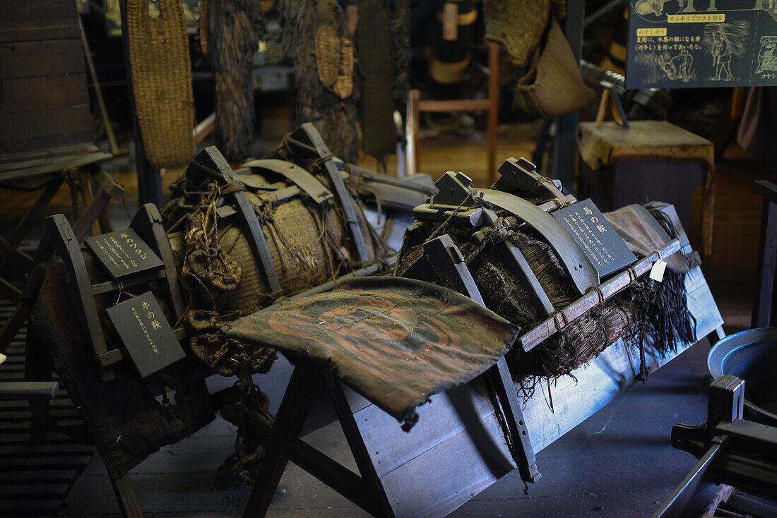 Agriculture and tools for living exhibition in Shirakawa-go, traditional village showcasing a building style known as gassho-zukuri, Gifu Prefecture, Japan