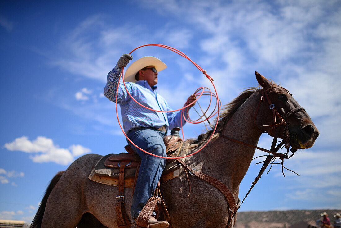 Rodeo competition during Navajo Nation Fair, a world-renowned event that showcases Navajo Agriculture, Fine Arts and Crafts, with the promotion and preservation of the Navajo heritage by providing cultural entertainment. Window Rock, Arizona.