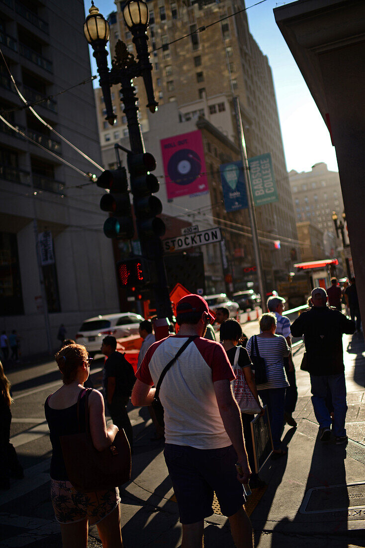 Crosswalk of San Francisco at sunset.