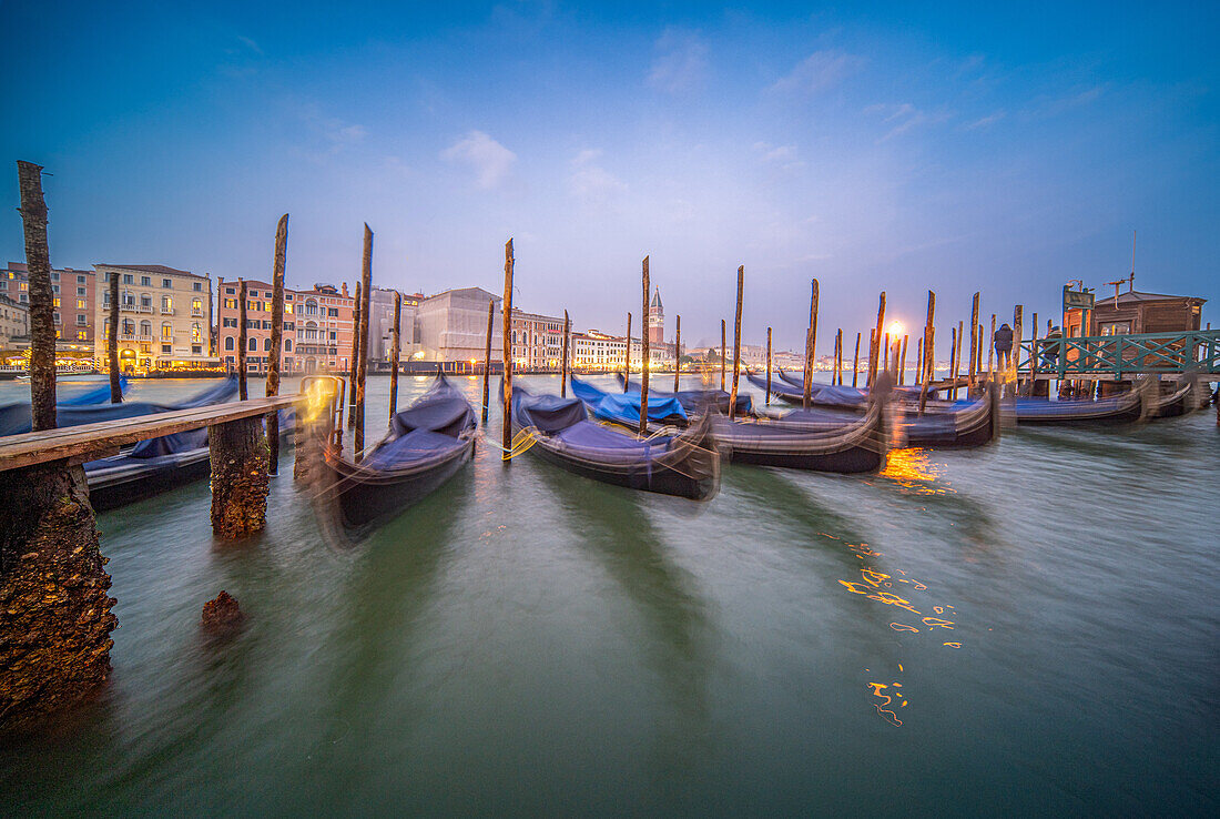 Moored gondolas, fondamenta della Saute, Dorsoduro, Venice, with Saint Mark on the background