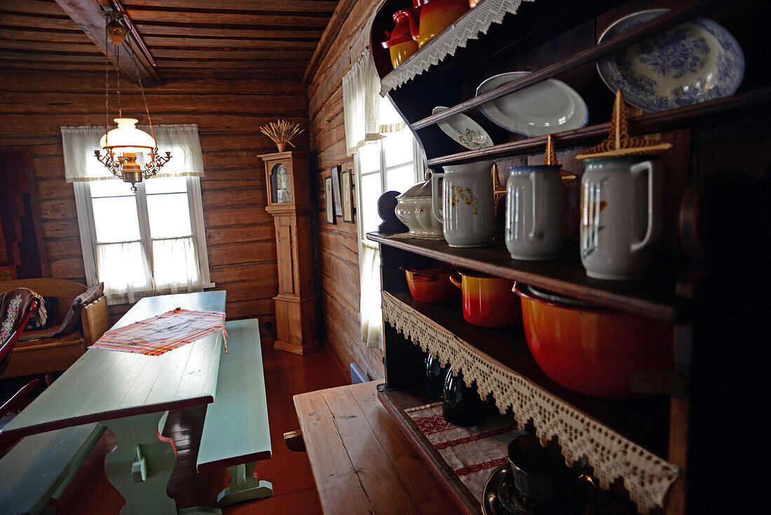 Interior of a traditional Finnish cottage at Kakslauttanen Arctic Resort, Saariselka, Finland