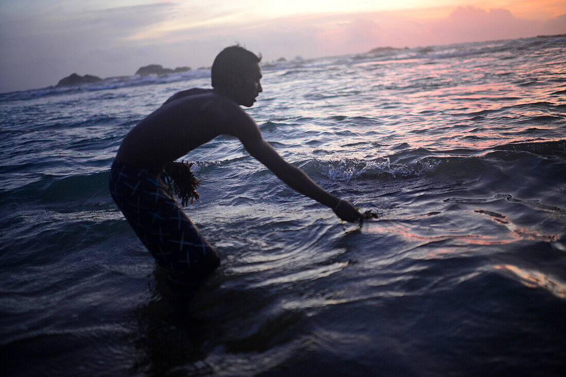 Ein junger Einheimischer, der durch den Tsunami viel verloren hat, füttert die Schildkröten am Strand von Hikkaduwa, Sri Lanka