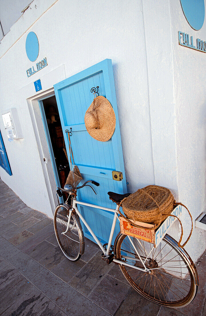Bicycle in clothes shop, Sant Francesc, Formentera