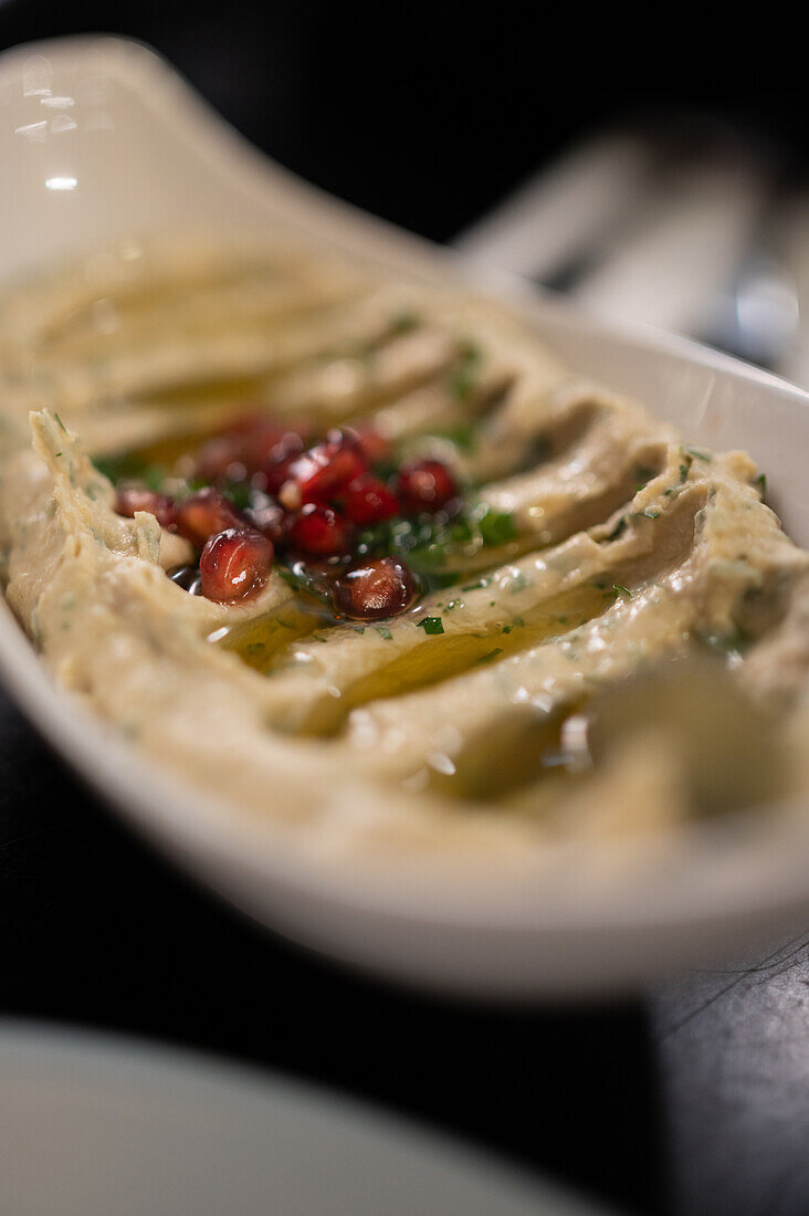 Hummus dish in Mosaico restaurant, Zaragoza, Spain