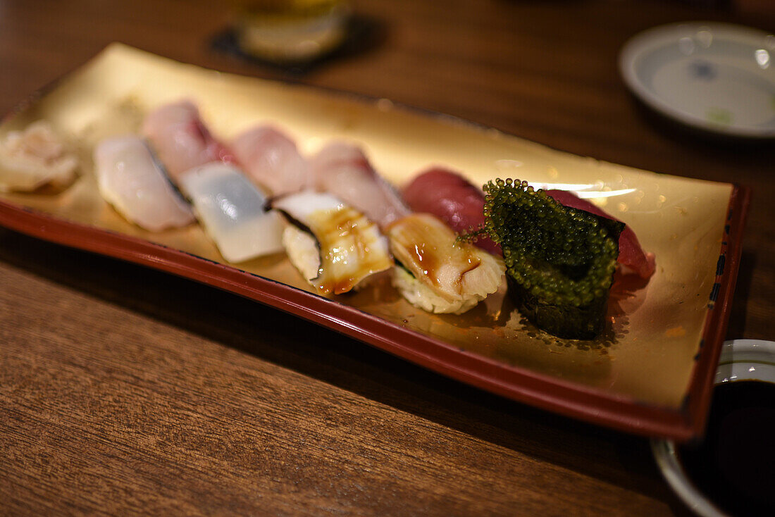 Assorted nigiri in Ishigaki restaurant, Okinawa, Japan