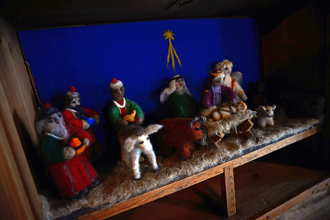 Christmas crib in traditional Finnish cottage at Kakslauttanen Arctic Resort, Saariselka, Finland
