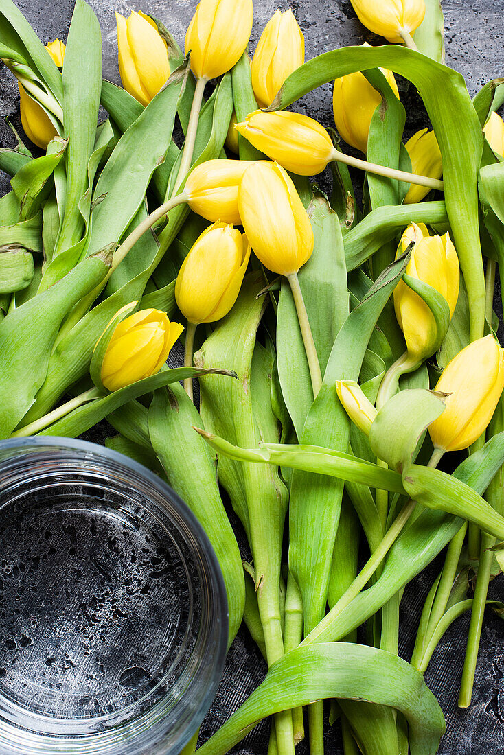 Studioaufnahme von gelben Tulpen und Vase auf Steinoberfläche