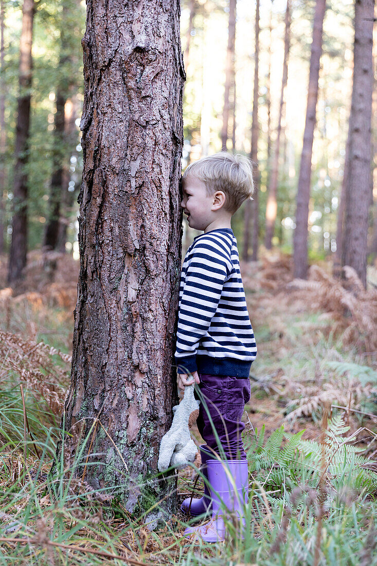 Junge (18-23 Monate) spielt Verstecken im Wald