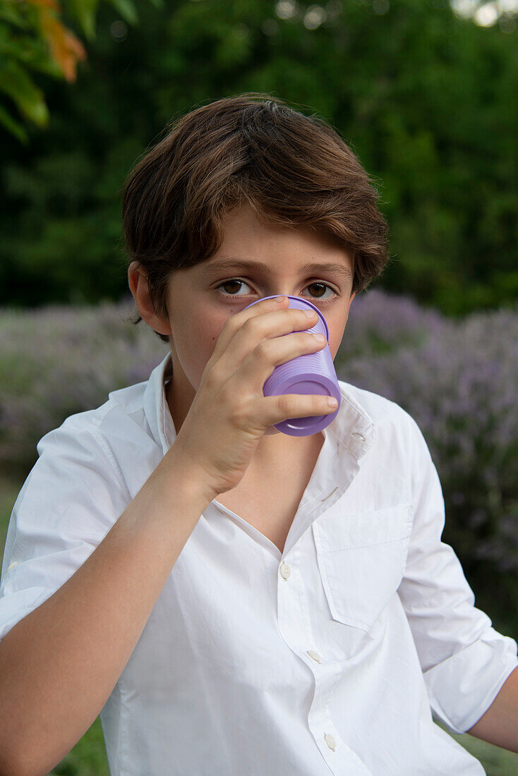 Porträt eines Jungen (8-9), der in einem Lavendelfeld aus einer Tasse trinkt