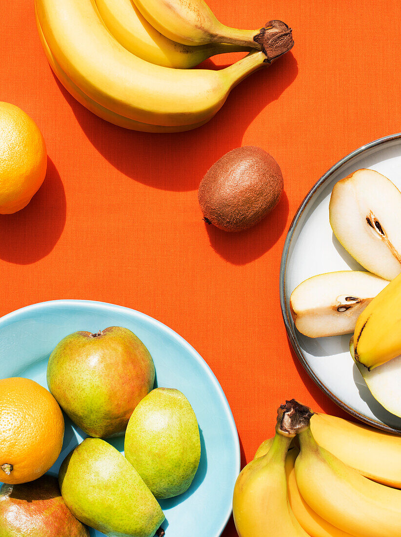 Overhead view of fruits on plates