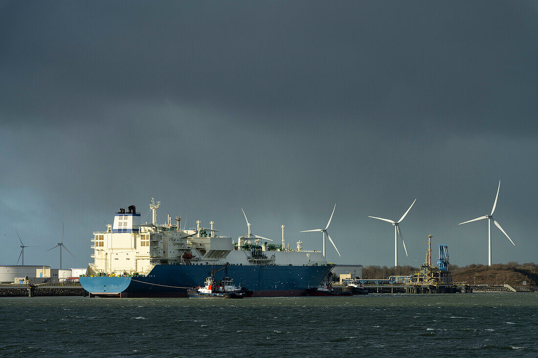 Netherlands, Rotterdam, Liquefied Natural Gas (LNG) tanker at dock