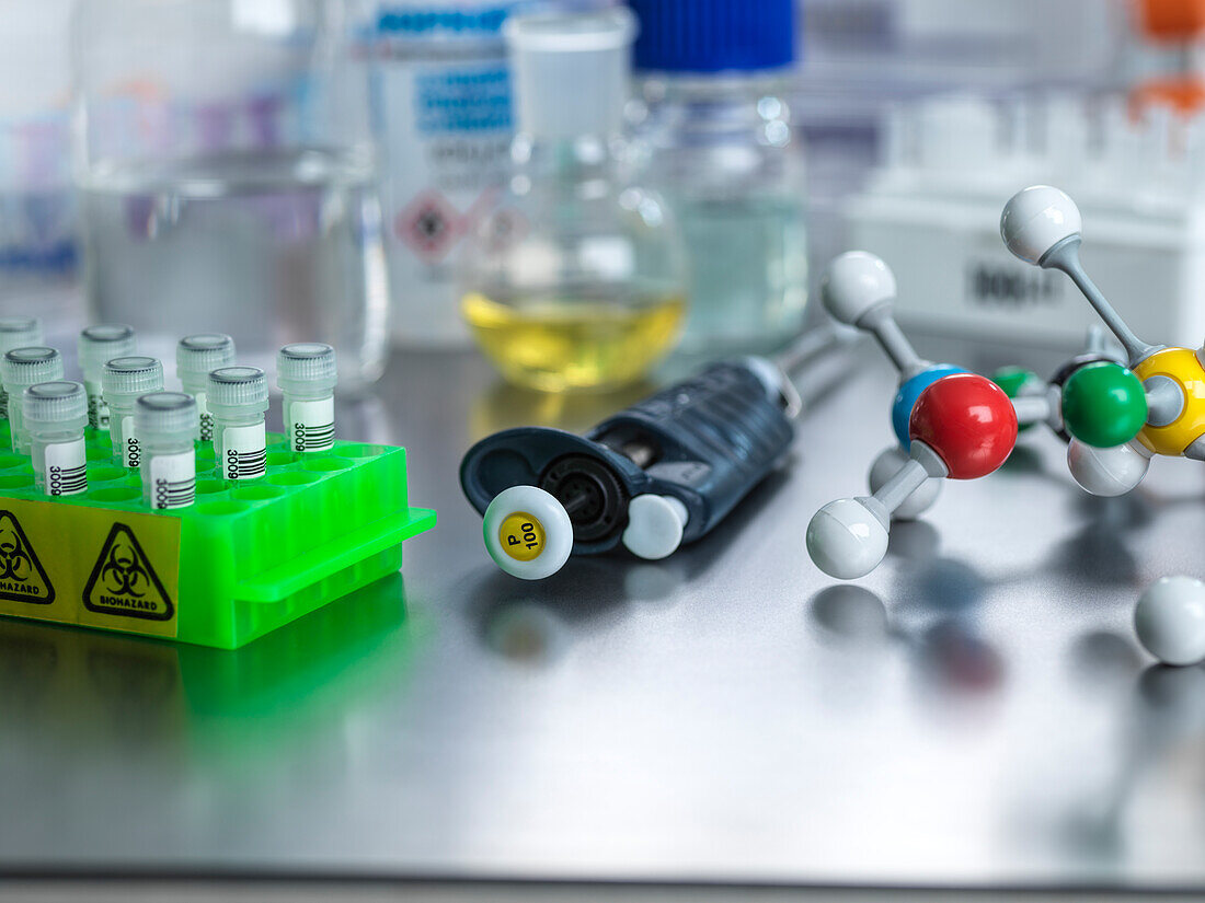 Molecular model and samples in laboratory