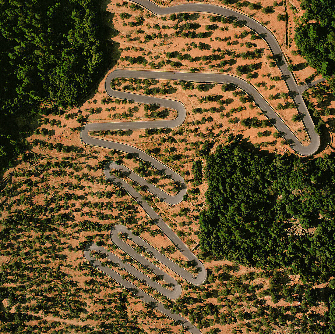 Spanien, Mallorca, Luftaufnahme einer kurvenreichen Bergstraße