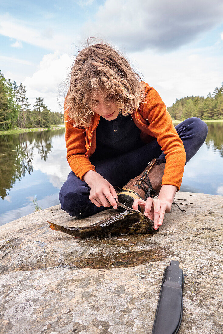 Junge (14-15) beim Ausnehmen von frisch gefangenem Fisch