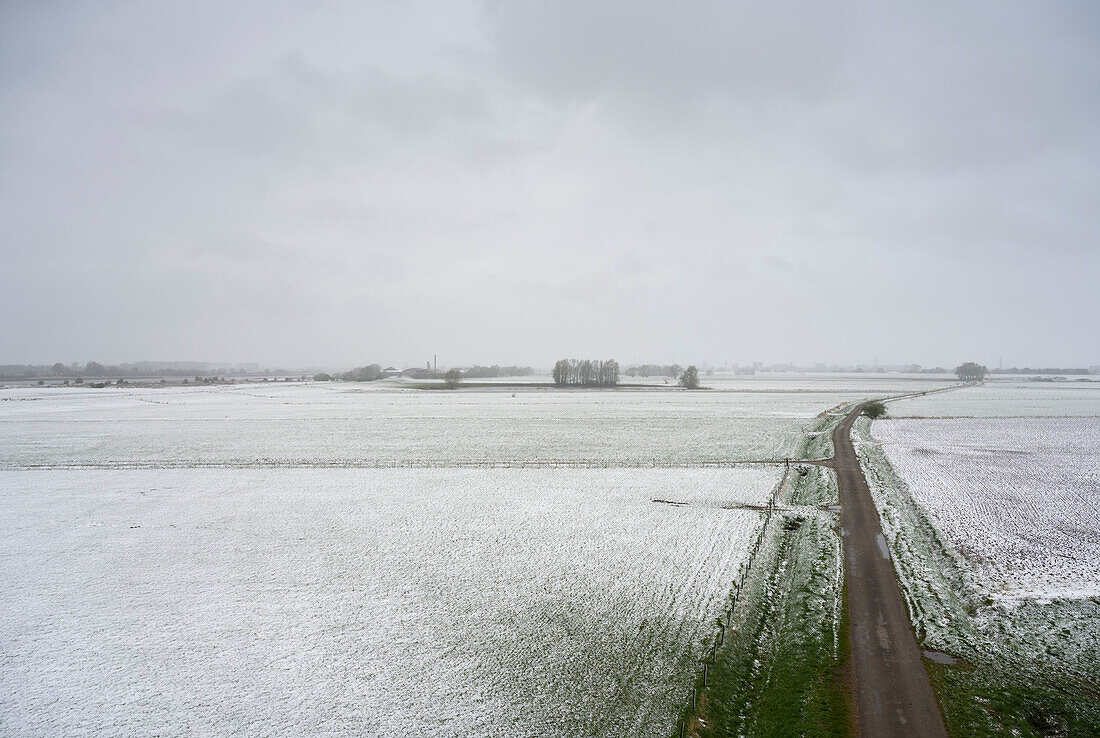 Road in floodlands around river Waal in winter