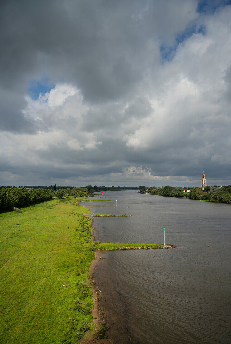 Floodlands and small town of Rhenen near river Nederrijn