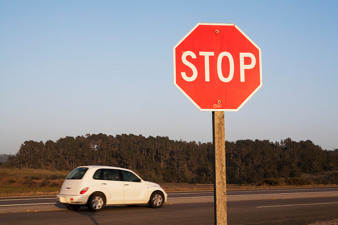 Stoppschild entlang einer Straße; Kalifornien, Vereinigte Staaten von Amerika