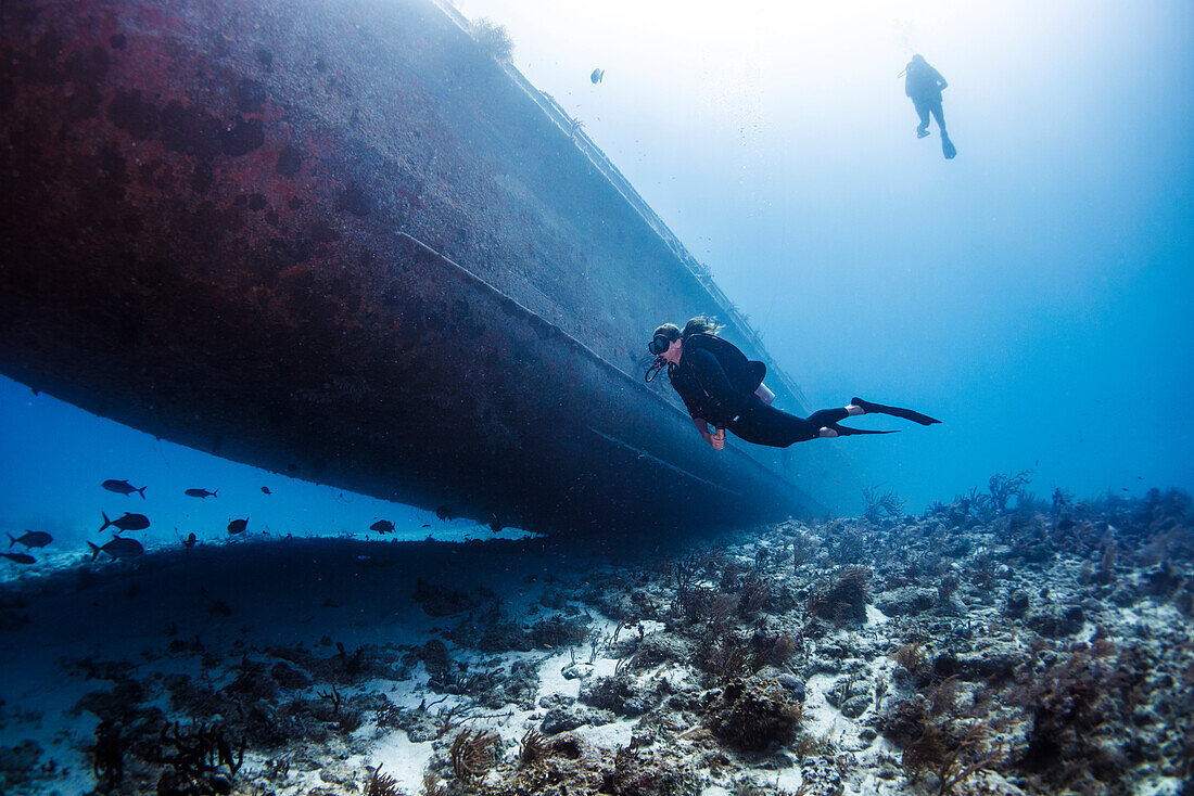 Bahamas, Nassau, Taucherin schwimmt in der Nähe eines Schiffswracks
