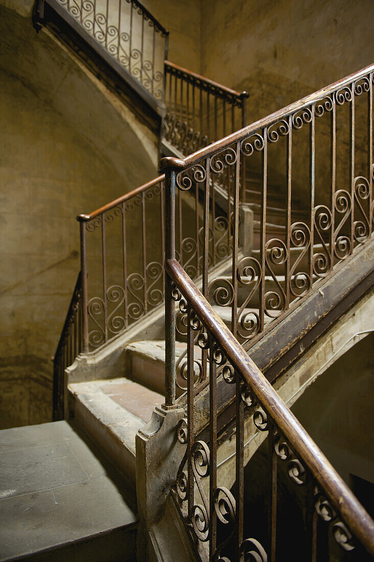 Ornate Railing Going Up A Staircase; Barcelona, Spain