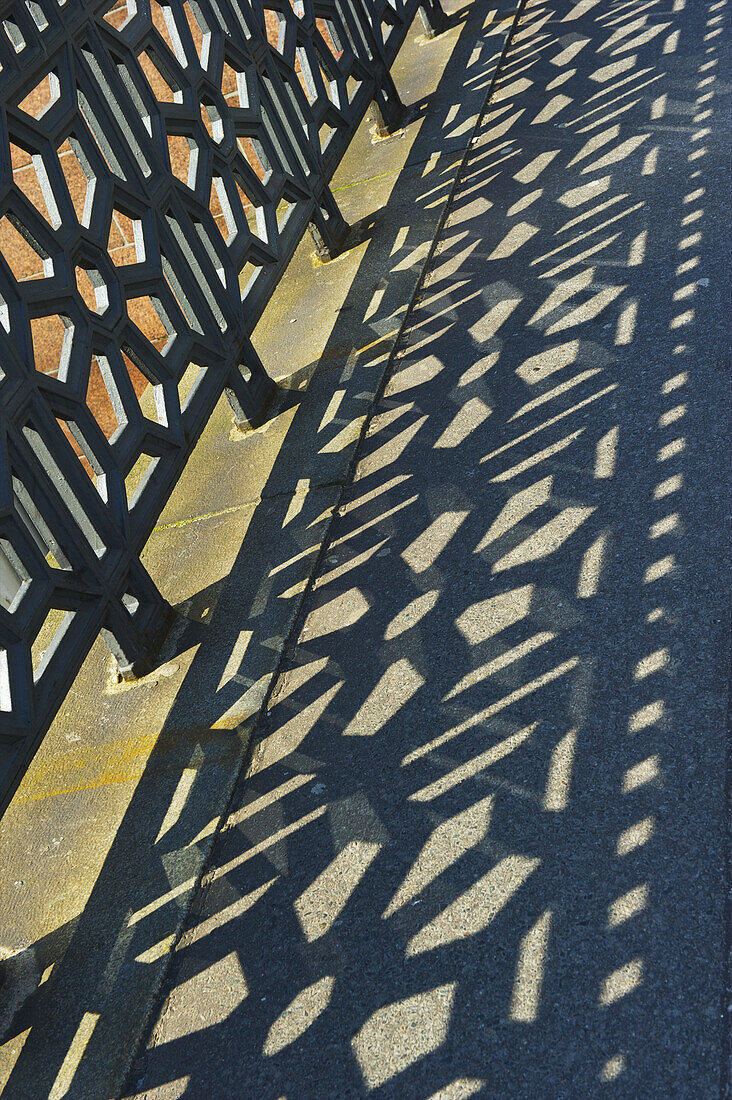 An Ornate Metal Fence And It's Shadow On The Ground; Hamburg, Germany