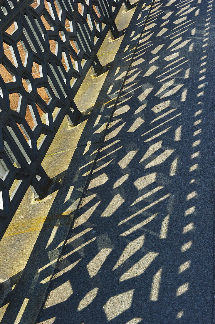 Ein verzierter Metallzaun und sein Schatten auf dem Boden; Hamburg, Deutschland