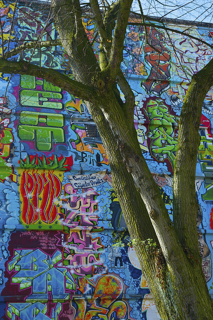 The Whole Surface Of An Exterior Wall Of A Building Covered In Colourful Graffiti; Hamburg, Germany