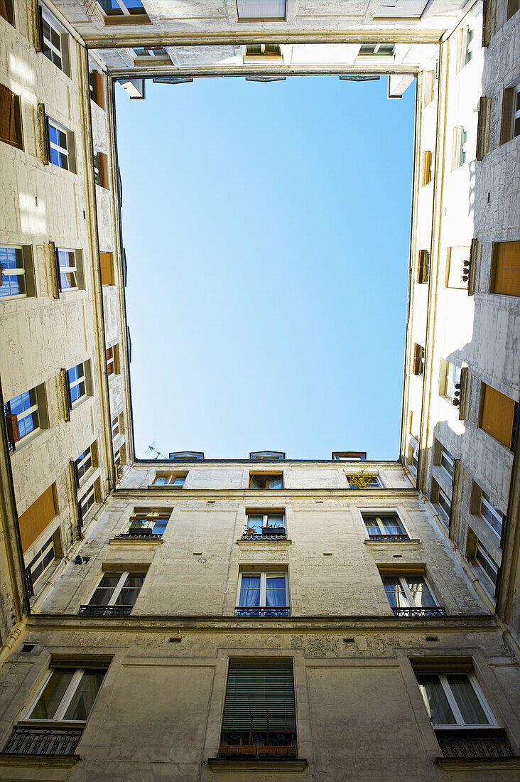 Low Angle View Up The Side Of A Residential Building In The Historical District Of Marais; Paris, France