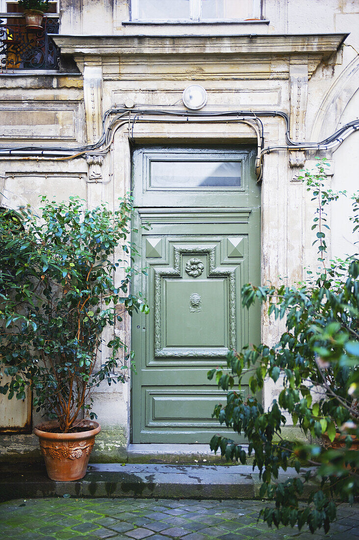 A Green Doorway To A Residence In Marais District; Paris, France