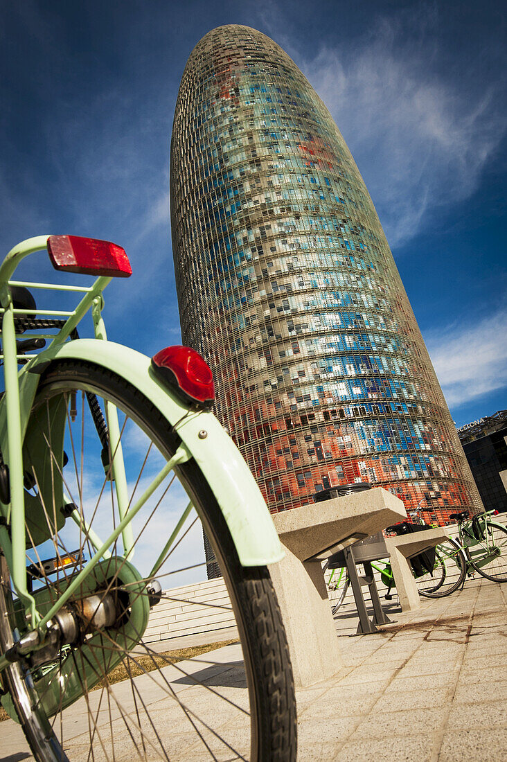 Agbar Tower In Les Glories And Parked Bicycles; Barcelona, Catalonia, Spain