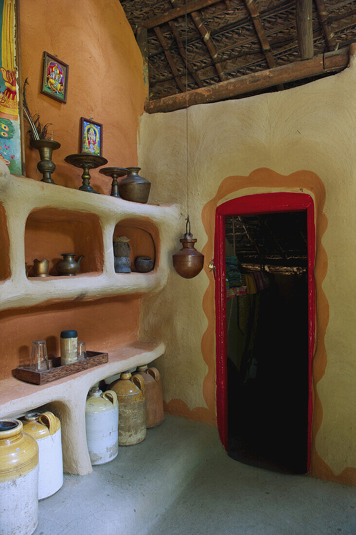 Decorative Items On A Shelf Inside A Home; Ulpotha, Embogama, Sri Lanka