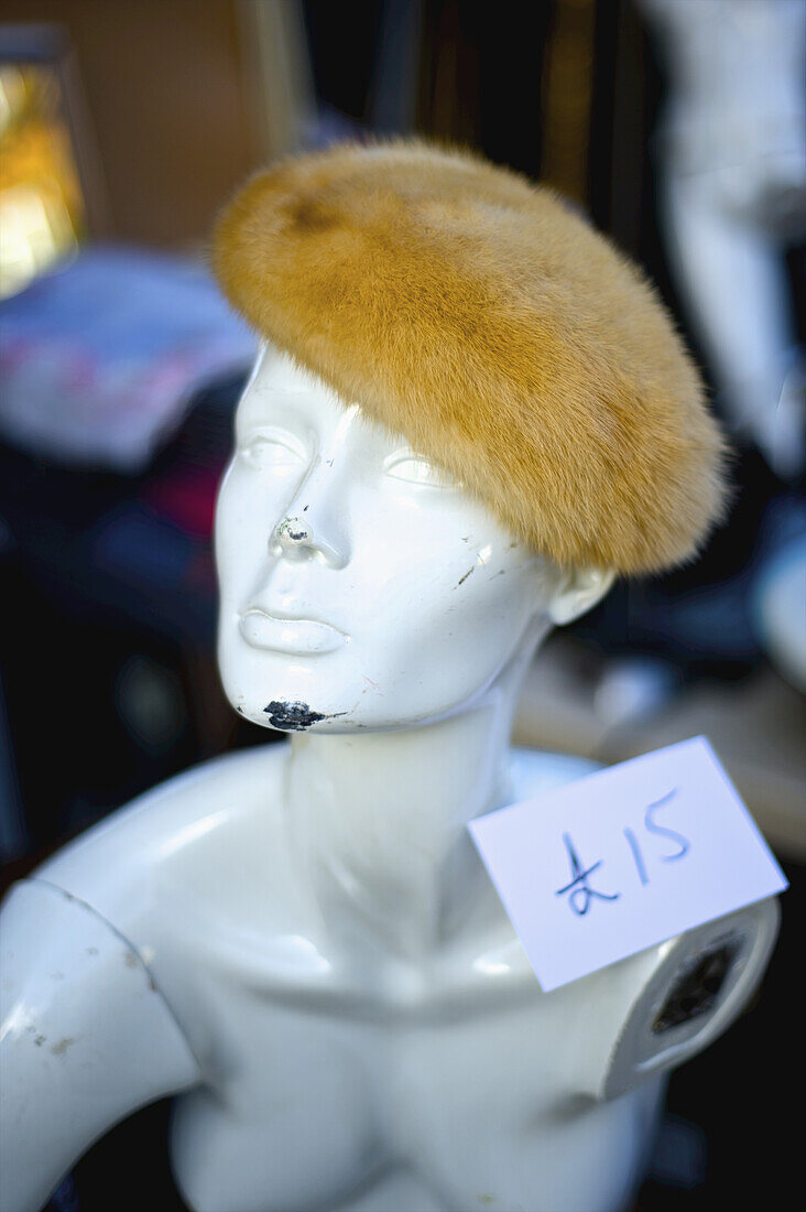 Price Tag On An Old Mannequin Wearing A Fur Hat, Portobello Market; London, England