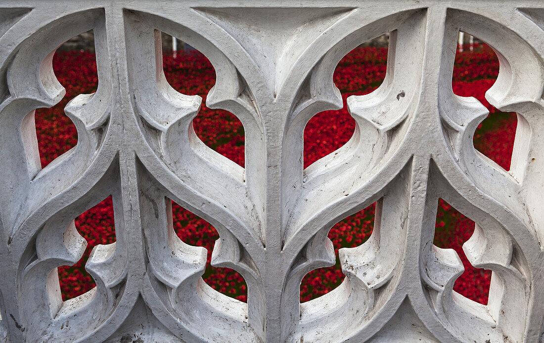Keramische Mohnblumen zum Gedenken an die gefallenen britischen und Commonwealth-Soldaten des Ersten Weltkriegs, 100. Jahrestag des Kriegsbeginns 2014, Tower of London; London, England