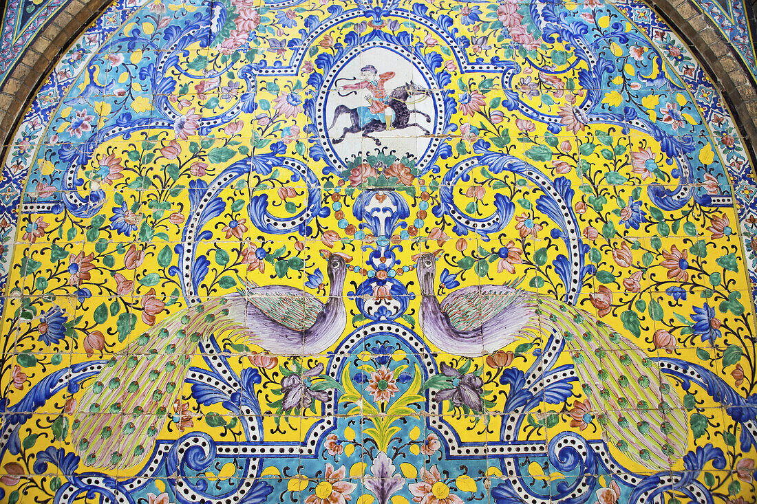 Tilework Of Hunting Scene And Peacocks, Golestan Palace; Tehran, Iran