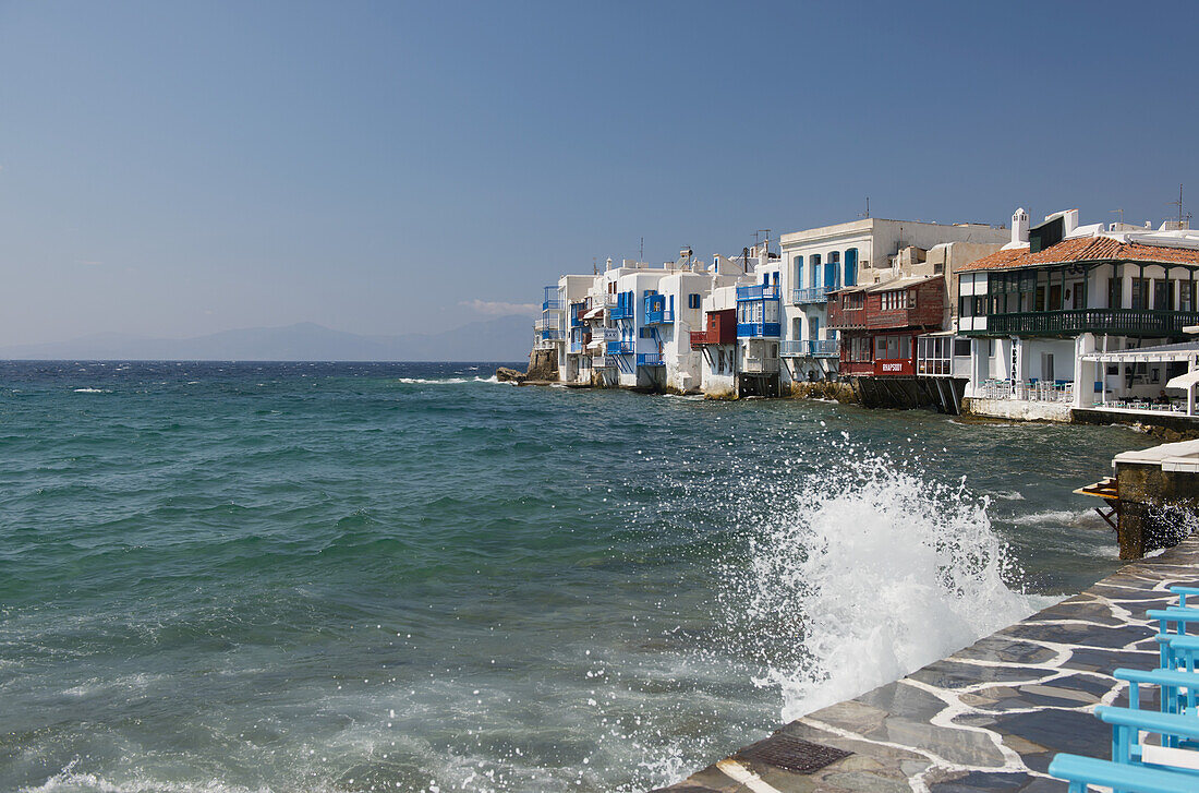 Crashing Waves In The Little Venice Area; Mykonos Town, Mykonos, The Cyclades, The Greek Islands, Greece