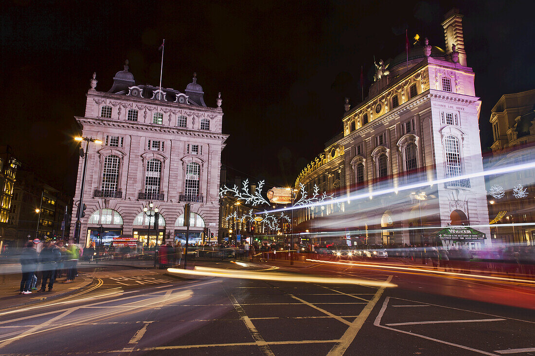 Bus And Car Headlight Trails, Piccadilly Circus; London, England