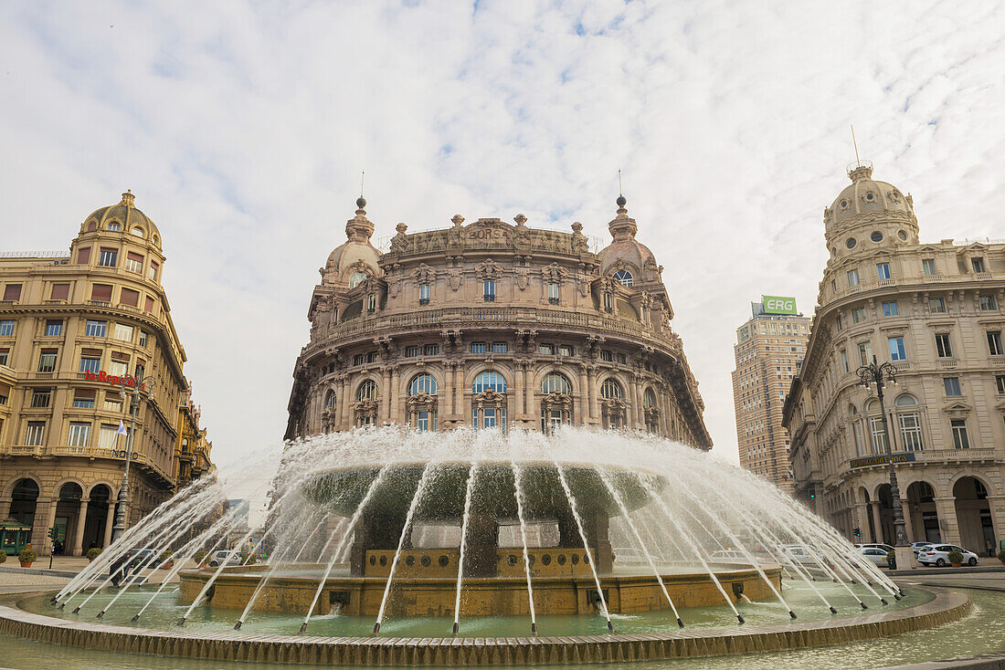 Stock Market Building And Water Fountain; Genoa, Liguria, Italy