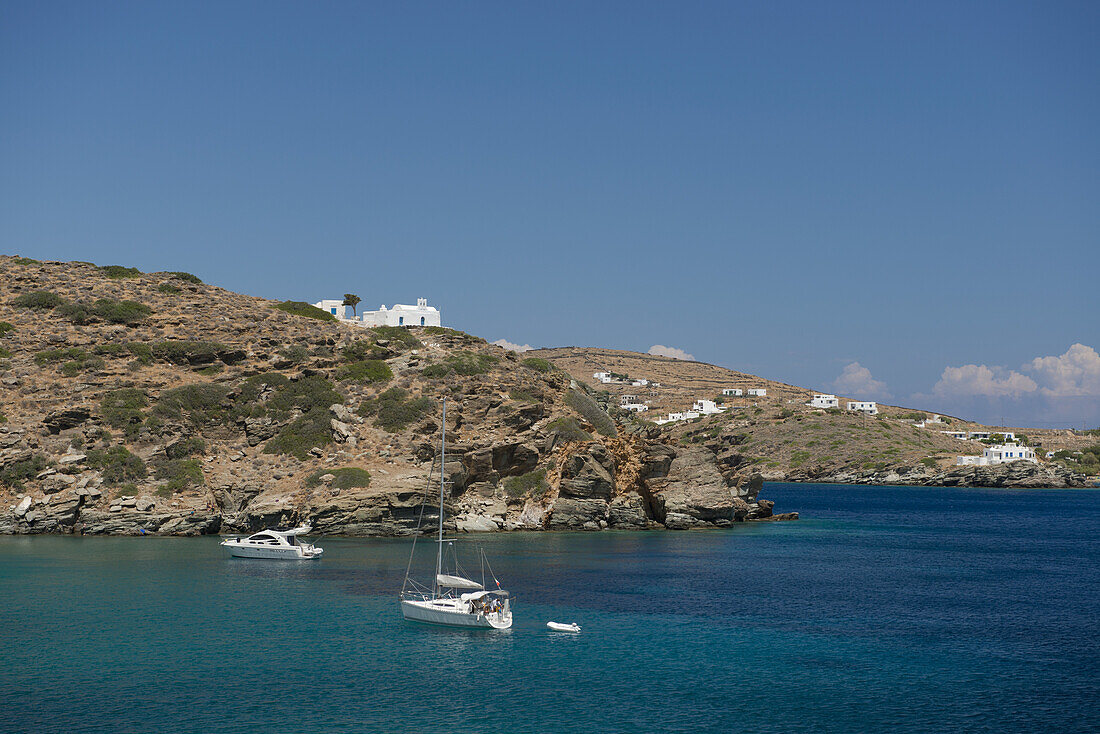 Yachts Moored In Apokofto Bay In Southestern Sifnos; Sifnos, Cyclades, Greek Islands, Greece