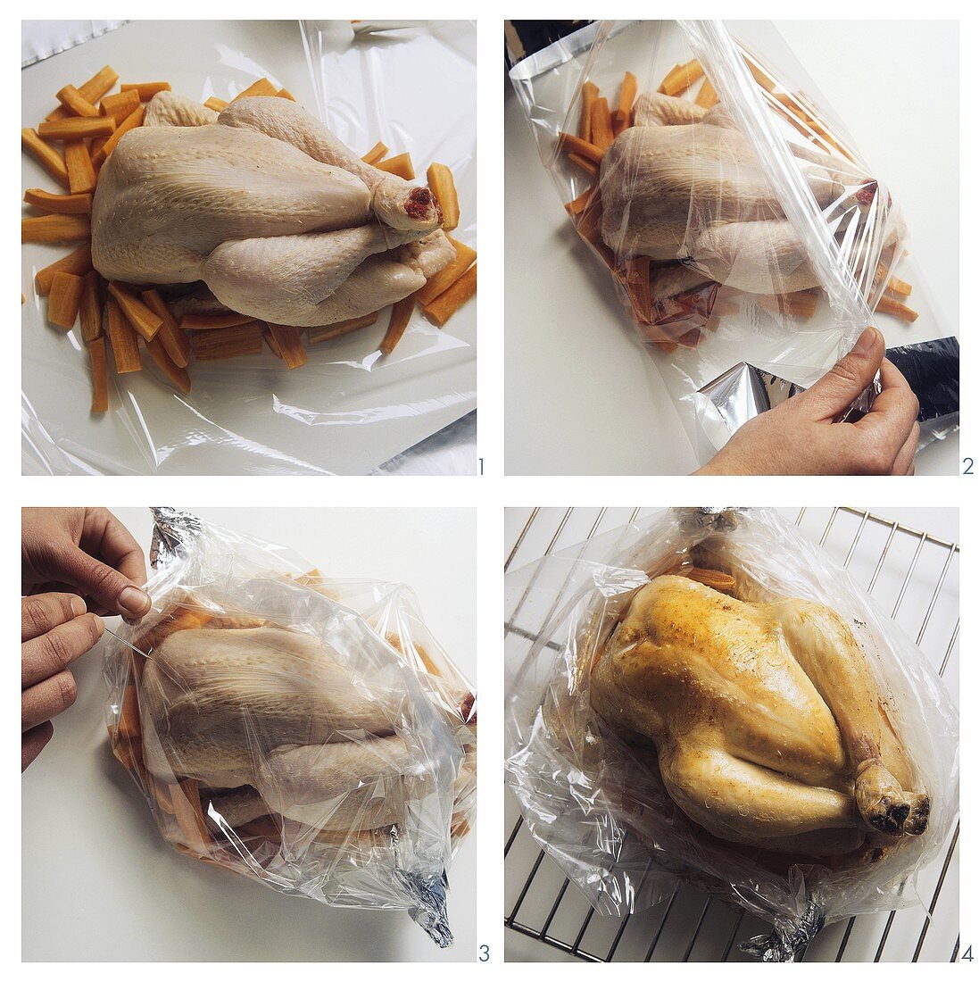 Preparing roast chicken in roasting foil