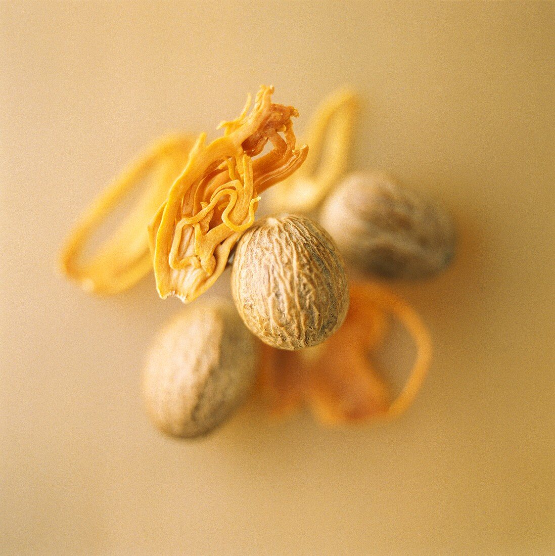 Three nutmegs and nutmeg flowers