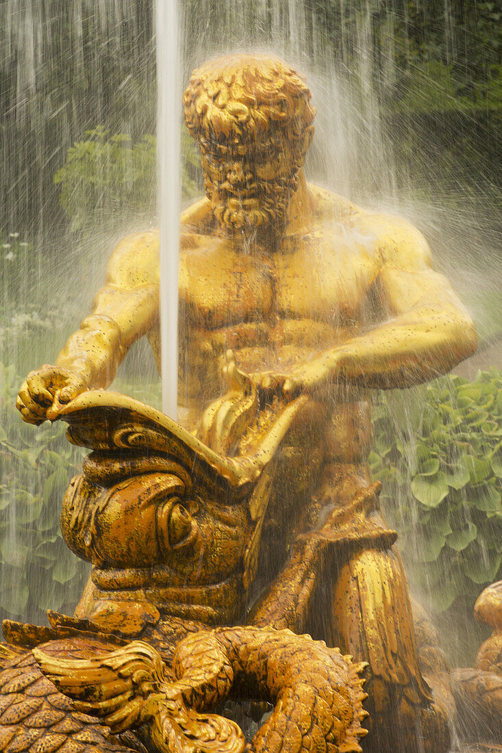 Orangerie-Brunnen mit der Darstellung eines Triton, der mit den Klauen eines Seeungeheuers kämpft, Peterhof-Brunnen am Sommerpalast, in der Nähe von St. Petersburg, Russland.