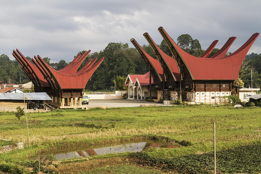 Tongkonan, Traditionelle Torajan-Ahnenhäuser in Bori, Toraja-Land, Süd-Sulawesi, Indonesien