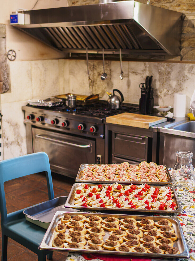 Vorspeisen werden in der Küche einer großen Villa für den Ofen vorbereitet; Toskana, Italien