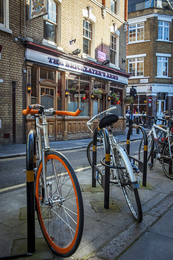 Bikes Parked Outside A Pub In Shoreditch; London, England