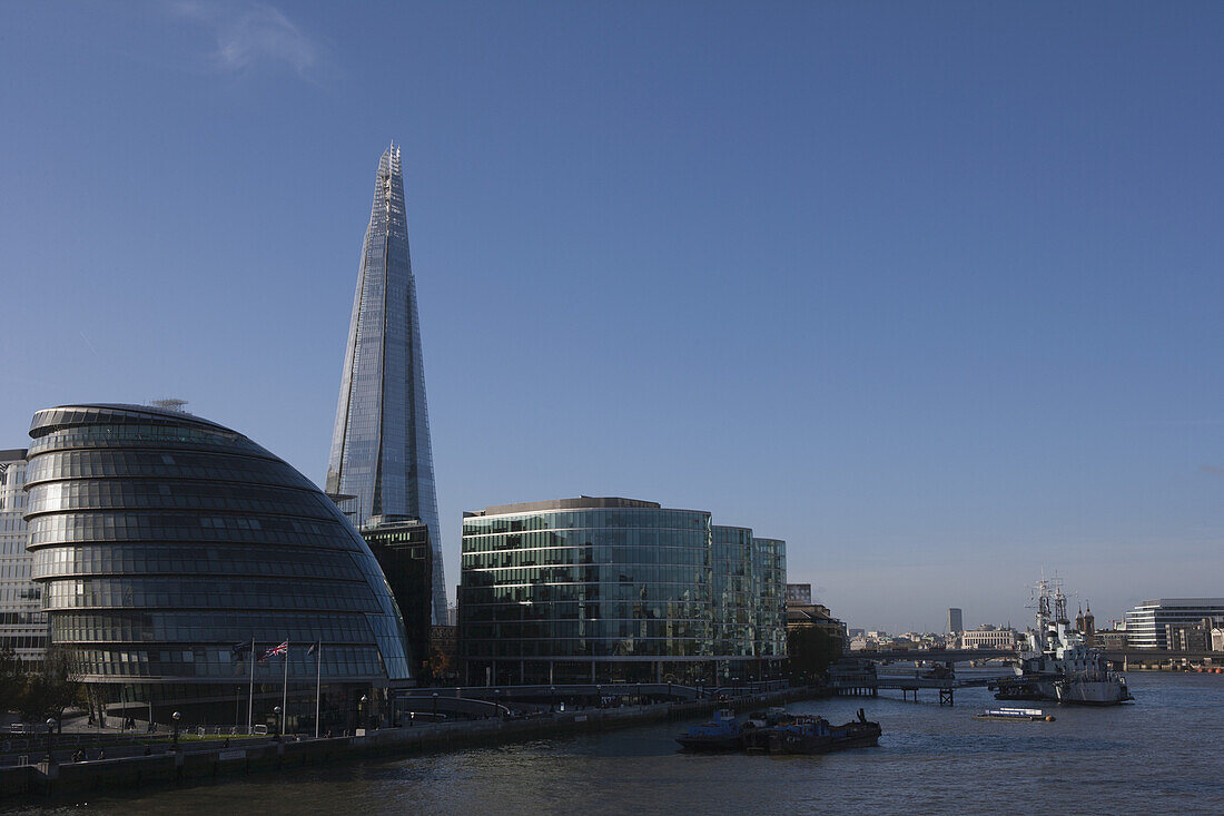 The Shard Skyscraper And The London City Hall, Home To The Greater London Authority, Including The Mayor Of London And The London Assembly, With The River Thames And The Hms Belfast Moored In The Distance; London, England